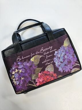 Bible Cover with handles black with hydrangeas and scripture verse 1 Peter 3:4